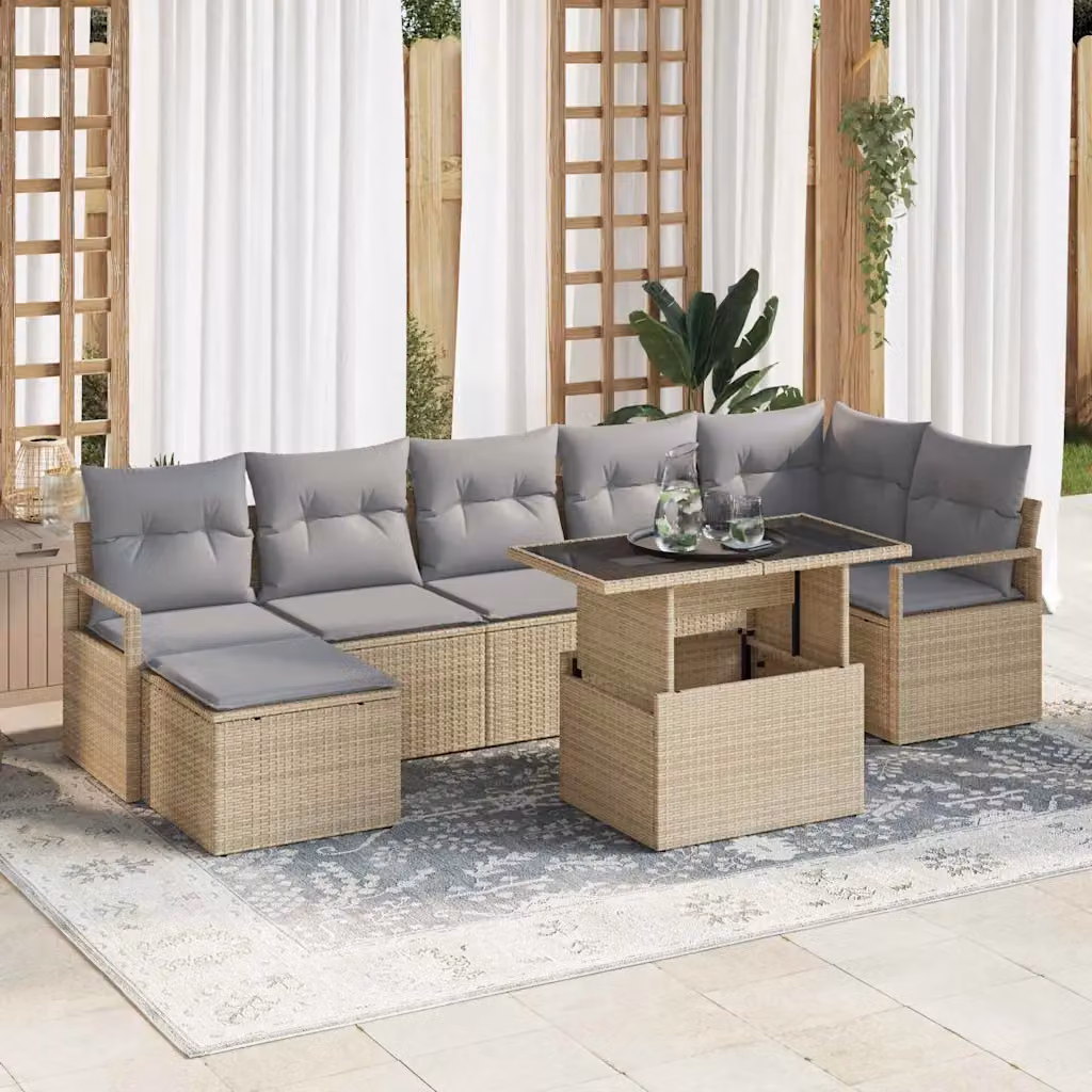 Set Divano da Giardino 8 pz vidaXL in Polyrattan con Cuscini Beige e Grigio Chiaro