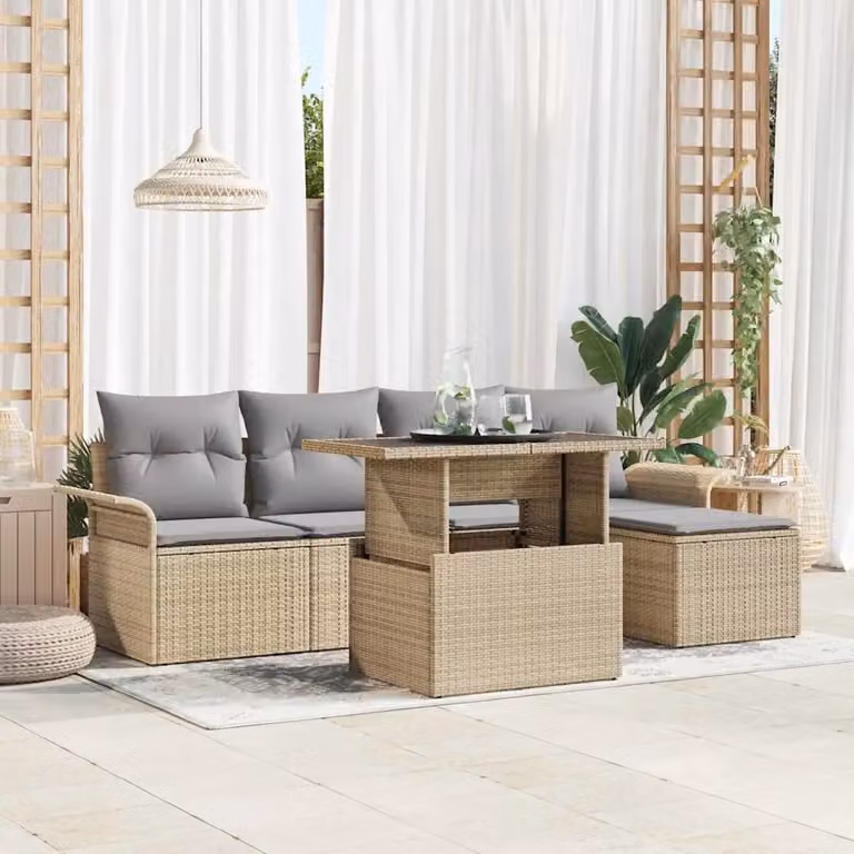 Set Divano da Giardino vidaXL 6 Pezzi in Polyrattan Beige con Cuscini e Tavolino da Esterno