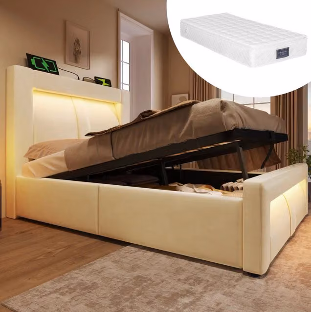 Letto singolo 90x200 cm con contenitore; LED; USB e Type-C; velluto beige; con materasso
