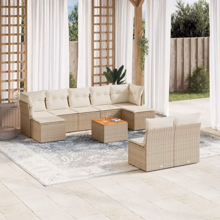 vidaXL Set Divano da Giardino 10 pz in Polyrattan con Cuscini Beige e Tavolino da Esterno