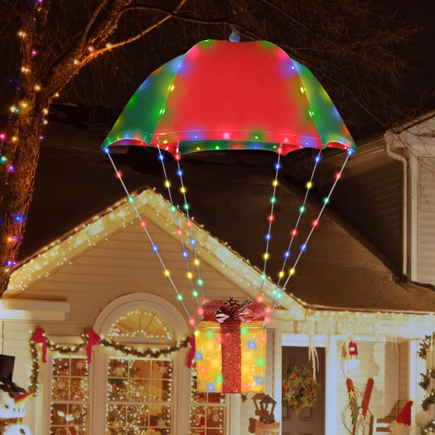 180 luci LED per decorazioni natalizie, confezione regalo a forma di paracadute, 85 cm