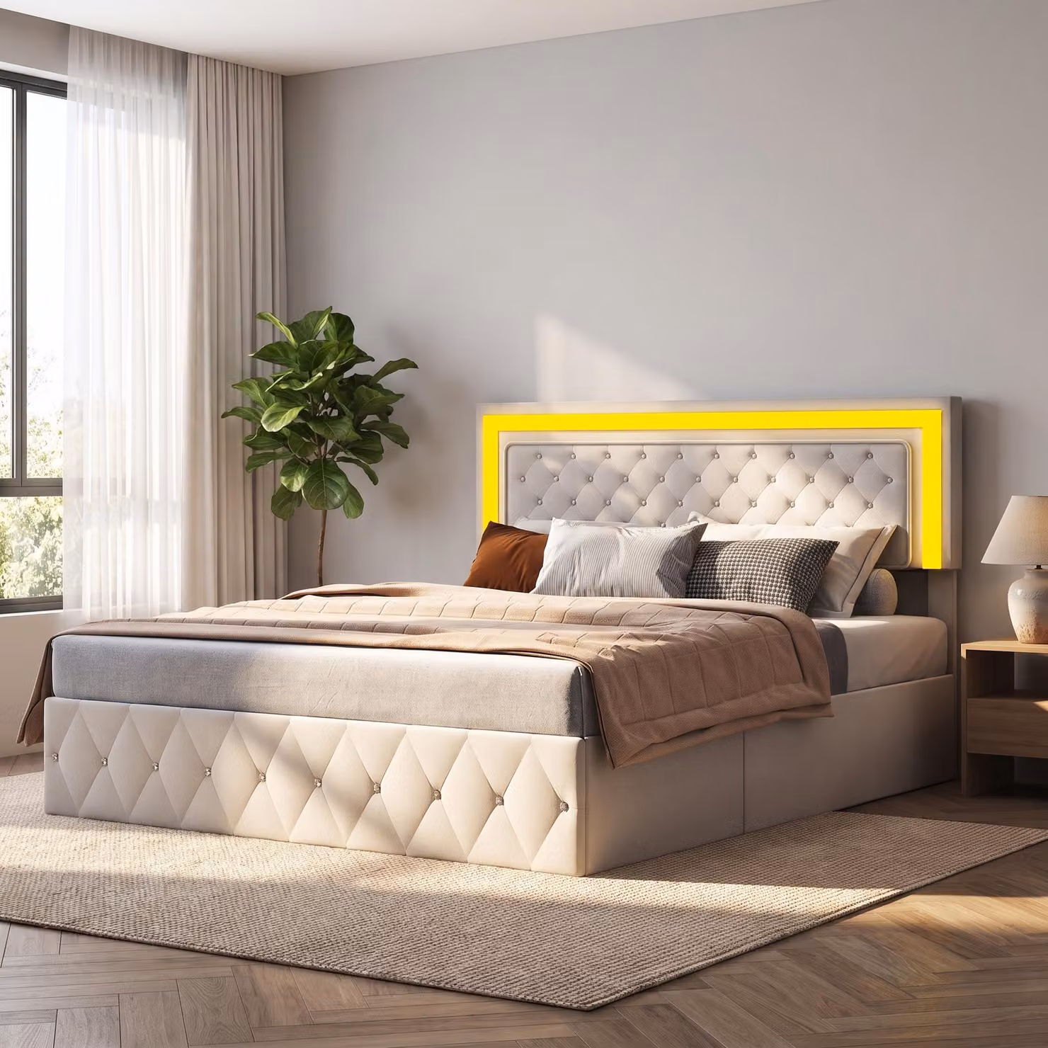 Letto con boxspring 140x200 cm con spazio contenitore e poggiatesta regolabile in altezza, letto imbottito con LED, letto contenitore con cassone, struttura letto con rete a doghe, tessuto in velluto, color beige