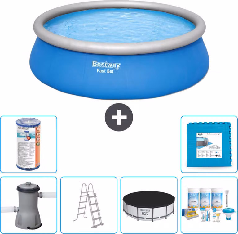 Piscina gonfiabile rotonda Bestway ad ambientazione rapida - 457 x 122 cm - blu - pompa inclusa - copertura a scaletta - pacchetto manutenzione - filtro - piastrelle per il pavimento