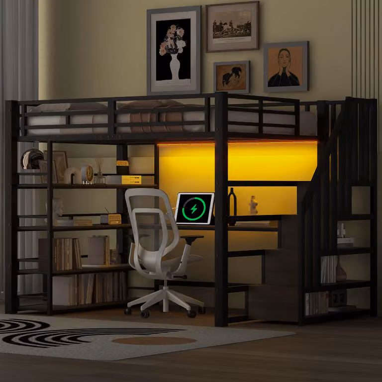 Letto a castello in metallo, 140x200 cm, con scaletta e spazio contenitivo, scrivania integrata, scaffale a 4 ripiani, illuminazione LED con controllo tramite app e stazione di ricarica USB, colore nero