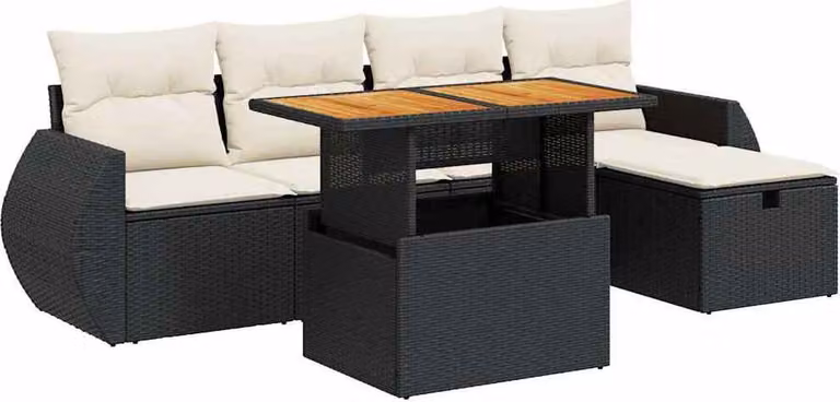 Set Divano da Giardino 6 pz con Cuscini Nero Polyrattan Acacia