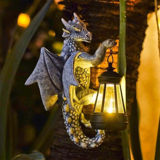 Statuine da esterno – Decorazioni per il giardino con luci solari a LED – Divertente scultura di drago per giardino, recinzione e alberi – Lampade solari – Idea regalo