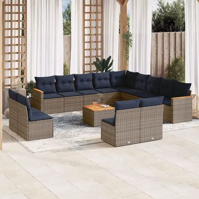 Set di Divani da Giardino a Forma di U vidaXL in Polyrattan con Cuscini e Tavolino, Grigio e Blu – 1