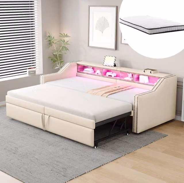 Divano Letto Imbottito Estraibile 90/180 x 200 cm con Materassi a Molle, LED, Porta USB e Rete a Doghe Beige