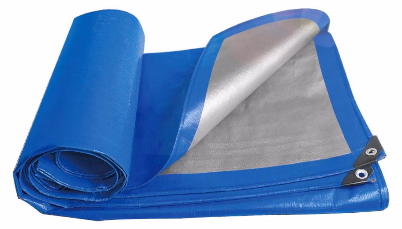 Telo di copertura impermeabile con occhielli, 4x5 metri, blu-argento, tessuto da 140 g/m²