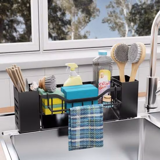 Organizer metallico per lavello con scarico automatico, da appendere, con portastoviglie e contenitore, nero