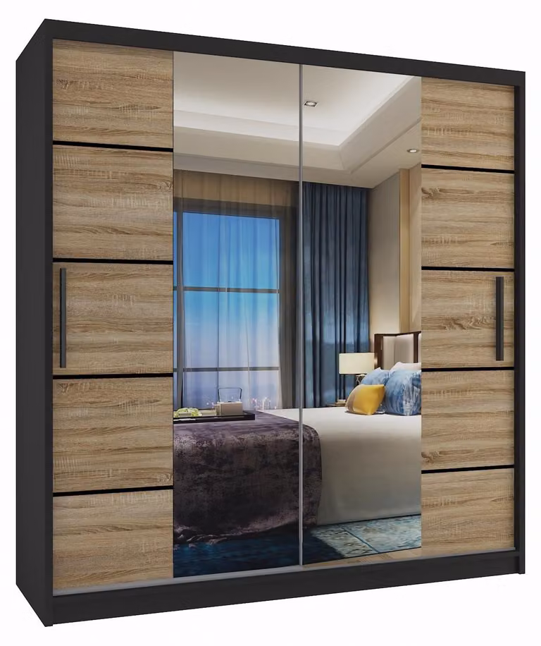 BELINI Verona, armadio scorrevole da 158 cm, nero/effetto legno noce sonoma opaco. Armadio con specchio e 2 cassetti, ideale per la camera da letto