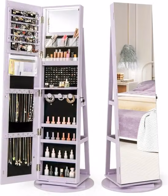 Armadio portagioielli girevole con specchio a figura intera luci LED, Organizer da terra di gioielli Viola
