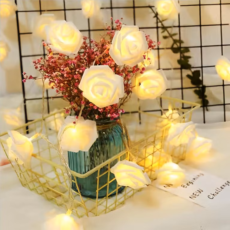 Catena luminosa a forma di rosa, 3 metri, 20 LED, alimentazione USB, luce bianca calda, ideale per decorazioni