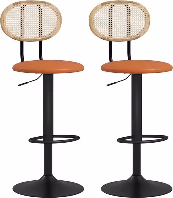 Set di 2 sgabelli da bar regolabili Xylo con schienale in rattan e poggiapiedi, marrone
