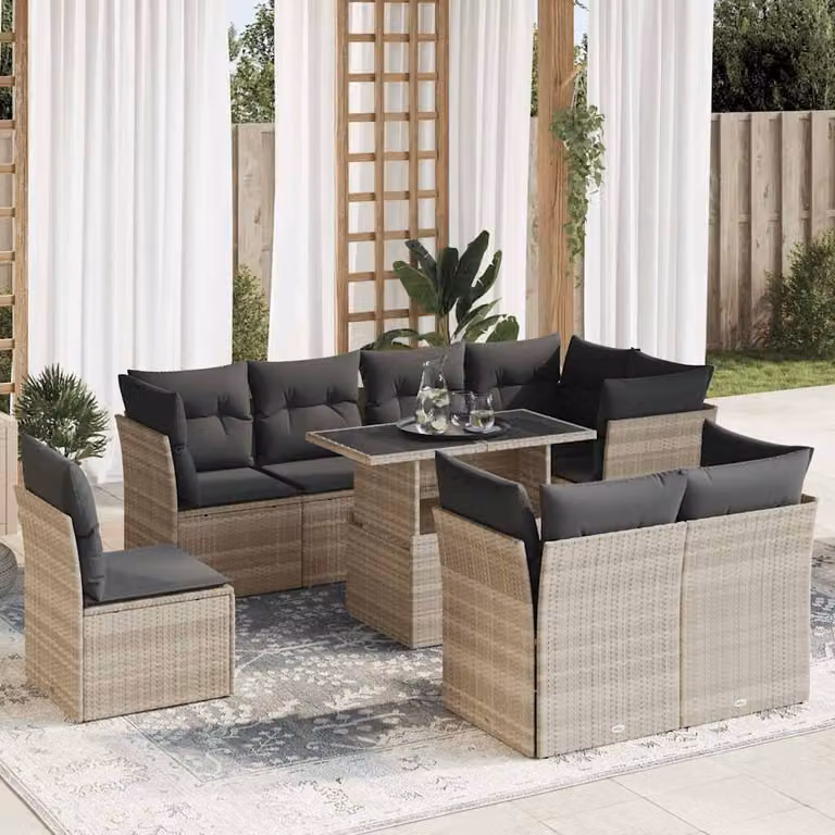 Set Divano da Giardino vidaXL 9 Pezzi a Forma di U con Tavolino e Cuscini Grigio Matt