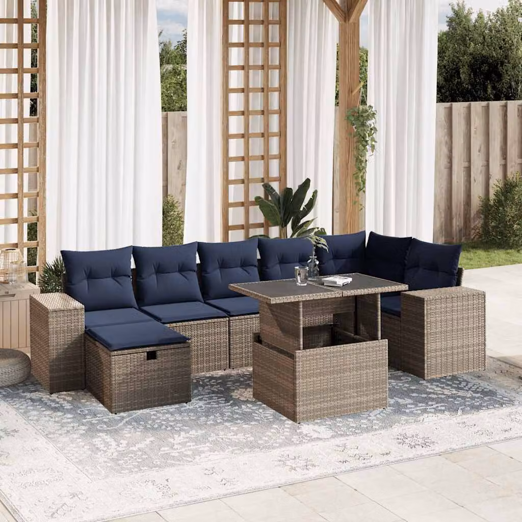 Set di divani da giardino vidaXL 8 pezzi in polyrattan con cuscini grigi e blu per esterno