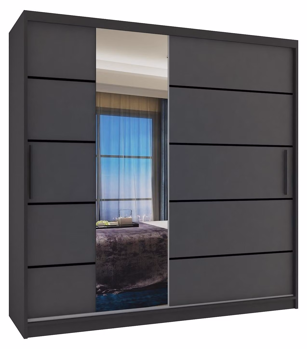 BELINI Verona, armadio scorrevole da 200 cm, nero/grigio opaco - armadio con specchio e 2 cassetti, ideale per la camera da letto