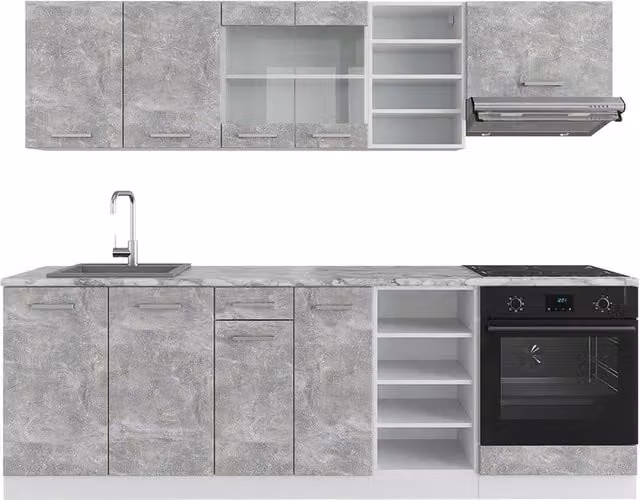 Cucina componibile moderna Vicco R-Line in bianco e grigio calcestruzzo, L: 240 cm