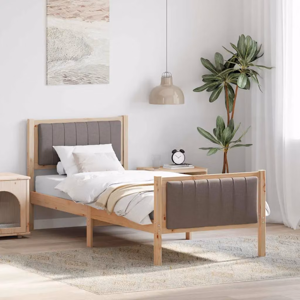 Struttura del letto con testiera vidaXL in legno massello e tessuto, Marrone e Beige, 80 x 200 cm – 1