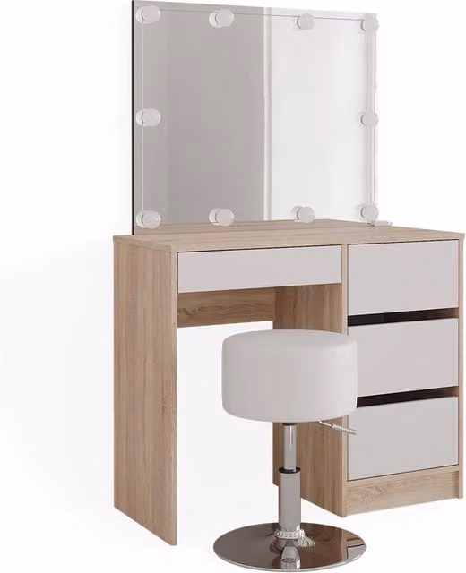 Tavolo da toeletta Sherry Sonoma 90 cm con specchio, catena luminosa LED e sgabello Vicco