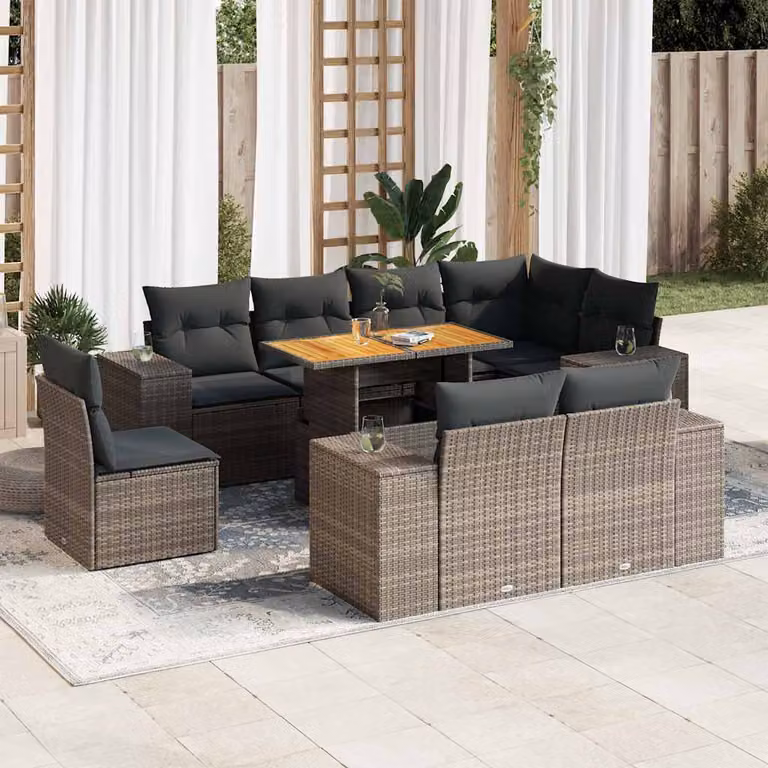 Set Divano da Giardino vidaXL 9 pz in Polyrattan Grigio con Cuscini e Tavolino da Caffè