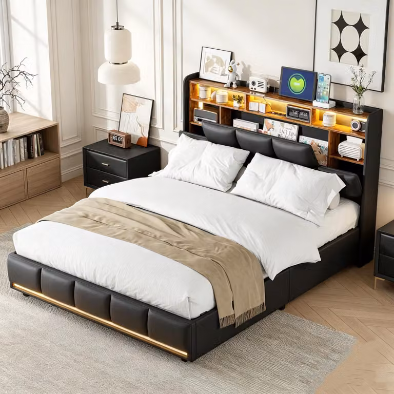 Letto con boxspring INONEFT, dimensioni 140 x 190 cm, con illuminazione a LED, sistema di sollevamento idraulico con spazio contenitore, letto imbottito con testiera contenitore e rete a listelli, realizzato in PU