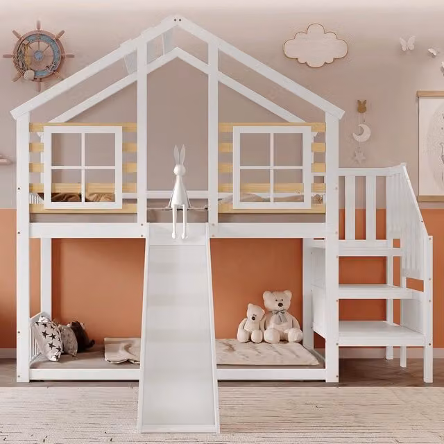 Letto a castello per bambini ¨C Minimal ¨C 90x200 cm, legno massello di pino bianco, con rampa e finestra