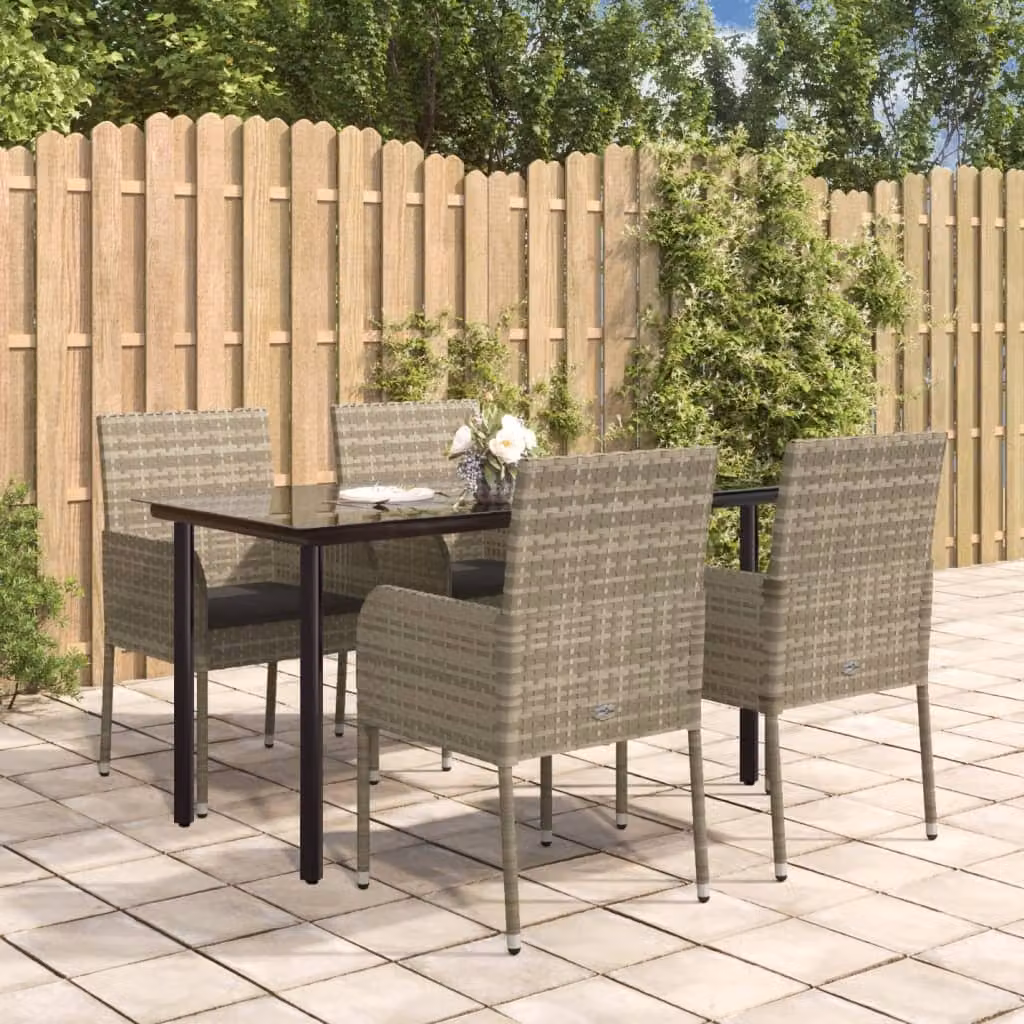 Set da pranzo da giardino vidaXL in polyrattan con tavolo in vetro e 5 pezzi, nero e grigio