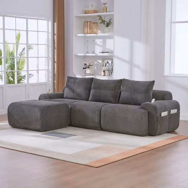 Divano modulare 268x174x80 cm in tessuto grigio scuro, con portabicchieri, per soggiorno –
