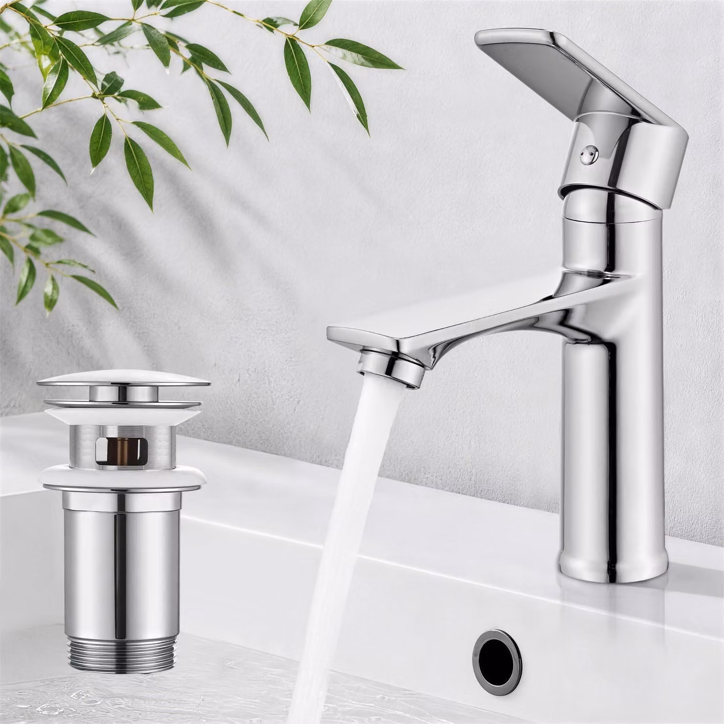 Rubinetto per lavabo con sistema di scarico, cromo, senza piombo, monocomando, bocca di uscita da 103 mm
