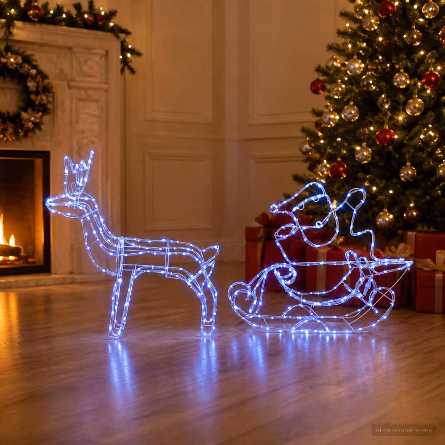 vidaXL Decorazione natalizia con renna e slitta LOVIISA 320 LED Blu