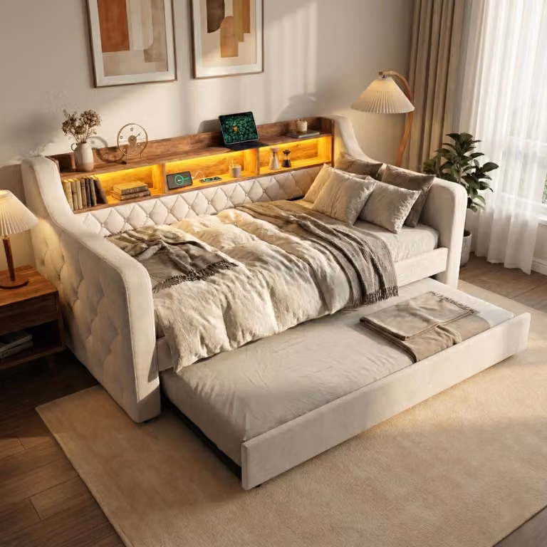 LVHOM Letto da giorno allungabile 90x190cm con contenitore, USB e LED, divano letto con letto estraibile, letto da giorno in velluto con rete a doghe, letto da giorno con cuciture a bottoni, beige
