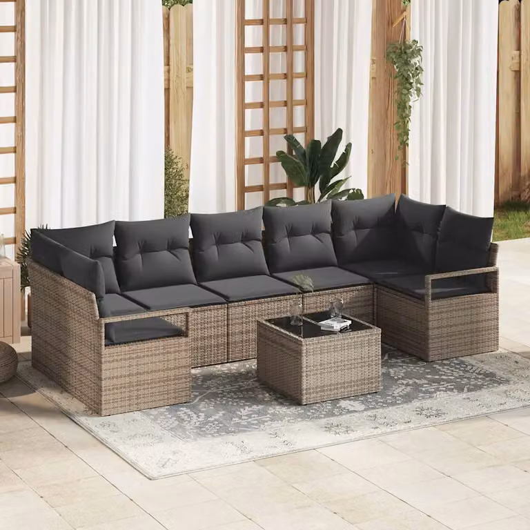 Set Divano da Giardino 8 Pezzi vidaXL in Polyrattan Grigio con Tavolino e Cuscini