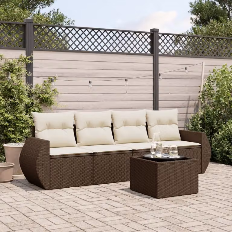 vidaXL Set Divano da Giardino 5 pz in Polyrattan Marrone con Cuscini e Tavolino