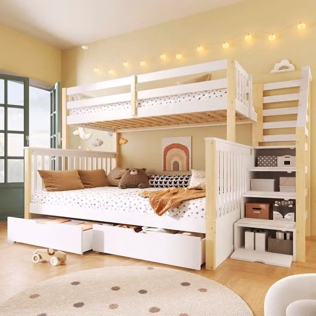 Letto a Soppalco con Cassetti e Contenitore ¨C Xylo ¨C Bianco/Naturale, 90x200/140x200
