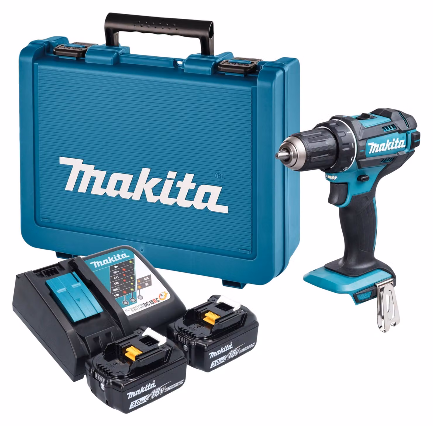Trapano avvitatore a batteria Makita DDF 482 RFE 18 V 62 Nm + 2 batterie da 3,0 Ah + caricabatterie + valigetta