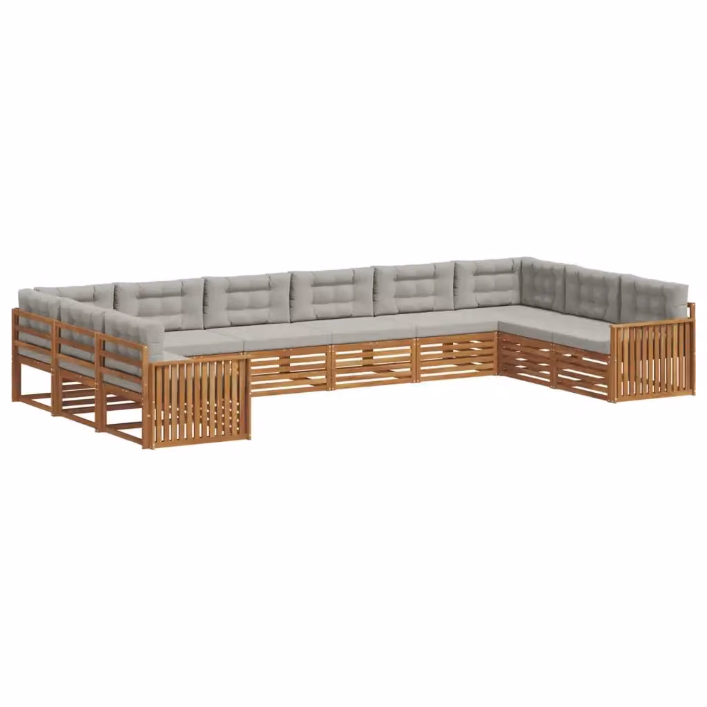 Set di divani da giardino a L con struttura in legno di acacia e cuscini grigi vidaXL – 2