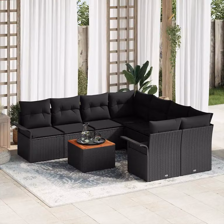Set Divano da Giardino vidaXL 9 Pezzi Nero con Cuscini e Tavolino da Esterno in Polyrattan e Acciaio