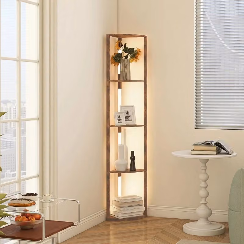 Lampada da terra moderna a LED con ripiani in legno, dimmerabile con interruttore a pedale, colore marrone – 2