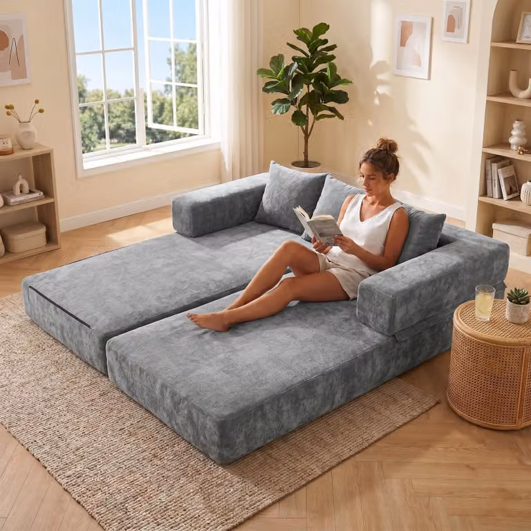 LVHOM Divano letto modulare in ciniglia, divano da terra pieghevole con tasca laterale, divano imbottito pieghevole 198x79/159cm, grigio
