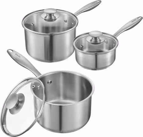 Set di 3 Casseruole VEVOR in Acciaio Inox e Alluminio con Coperchio in Vetro, Colore Argento, Capacità 0,95L + 1,89L + 2,84L
