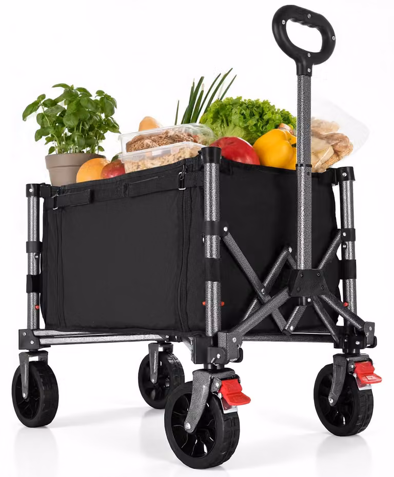 Carrello pieghevole da 100 kg, con tasca laterale, portabevande e maniglia regolabile, ideale per la spiaggia