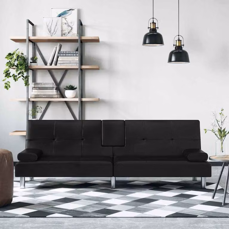 vidaXL Divano Letto Moderno in Similpelle Nero con Portabicchieri