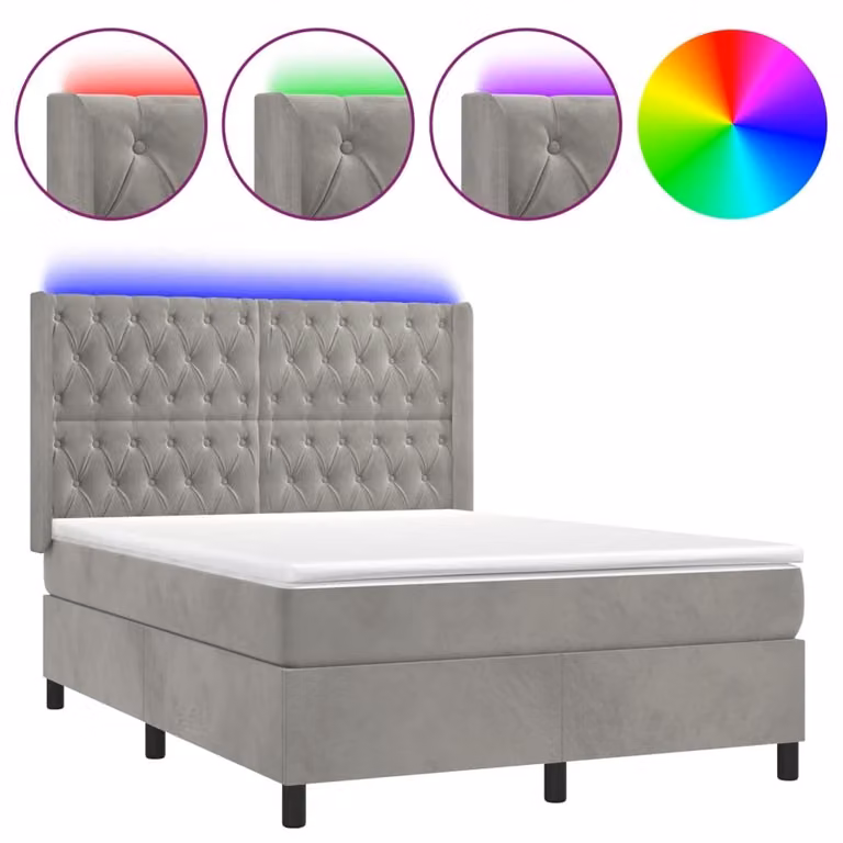 Letto a Molle Materasso e LED Grigio Chiaro 140x200 cm Velluto