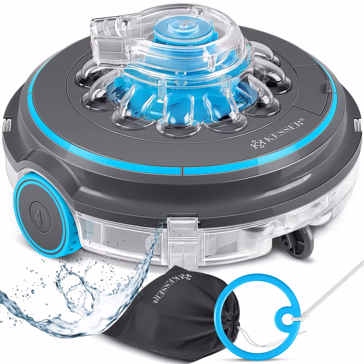 Robot pulitore per piscina KESSER® Aqua-9000 a batteria, con borsa da trasporto inclusa. Robot per piscine fino a 80 m², batteria agli ioni di litio con autonomia max. 75 min, aspirapolvere per piscina senza fili, pulizia del fondo completamente automatic