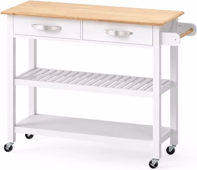 Isola da cucina su ruote in stile rustico in legno di pino bianco con 2 cassetti e 2 ripiani, L: 116 cm, P: 43 cm, H: 89 cm