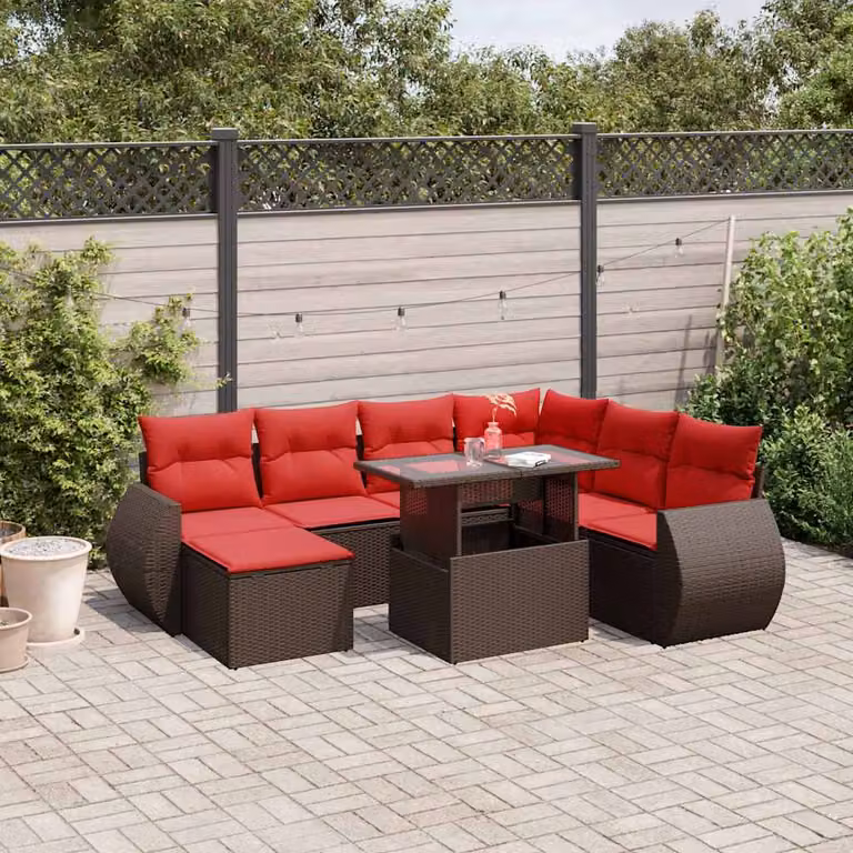 Set di divani da giardino vidaXL in polyrattan marrone con 8 pezzi, compresi cuscini e tavolino da caffè