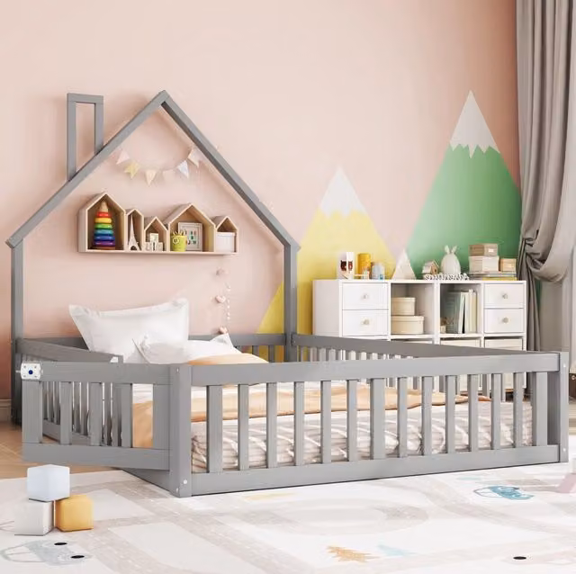 Letto per bambini 140x190 cm grigio con struttura a camino e rete a doghe
