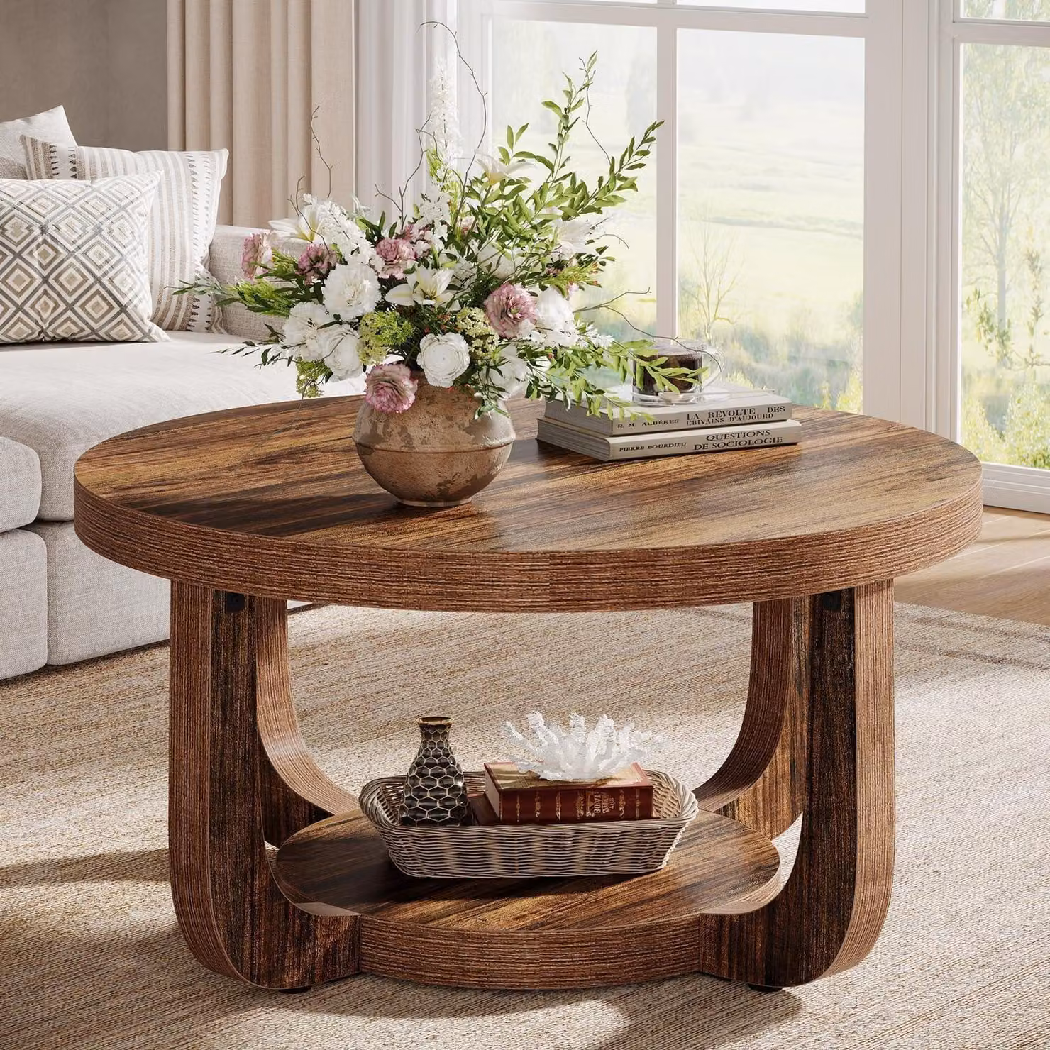 Tavolino rotondo, diametro 80 cm, in legno, stile rustico, colore marrone, con doppio scomparto