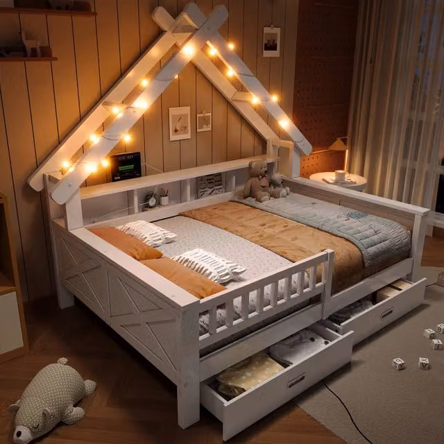 Letto a piattaforma in legno a forma di casa ¨C Minimal ¨C 140x200 cm, bianco, con LED, cassetti, griglia di protezione, vani portaoggetti